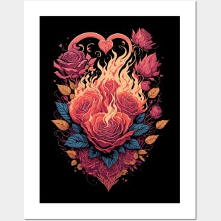 Burning Heart and Roses Posters and Art